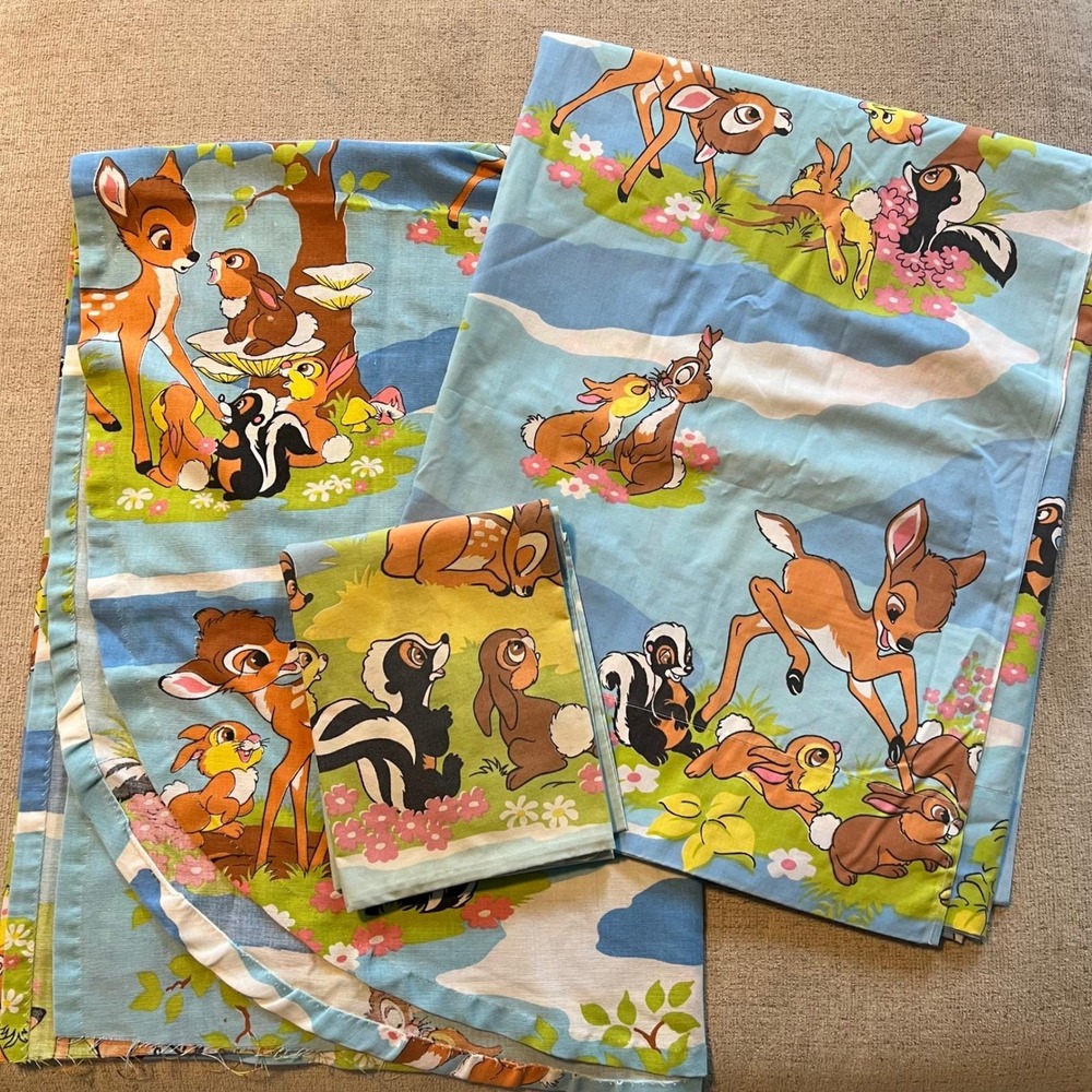 Vtg Sears Disney Bambi Twin Flat Sheet Pillowcase + Extra Perma-Prest Percale